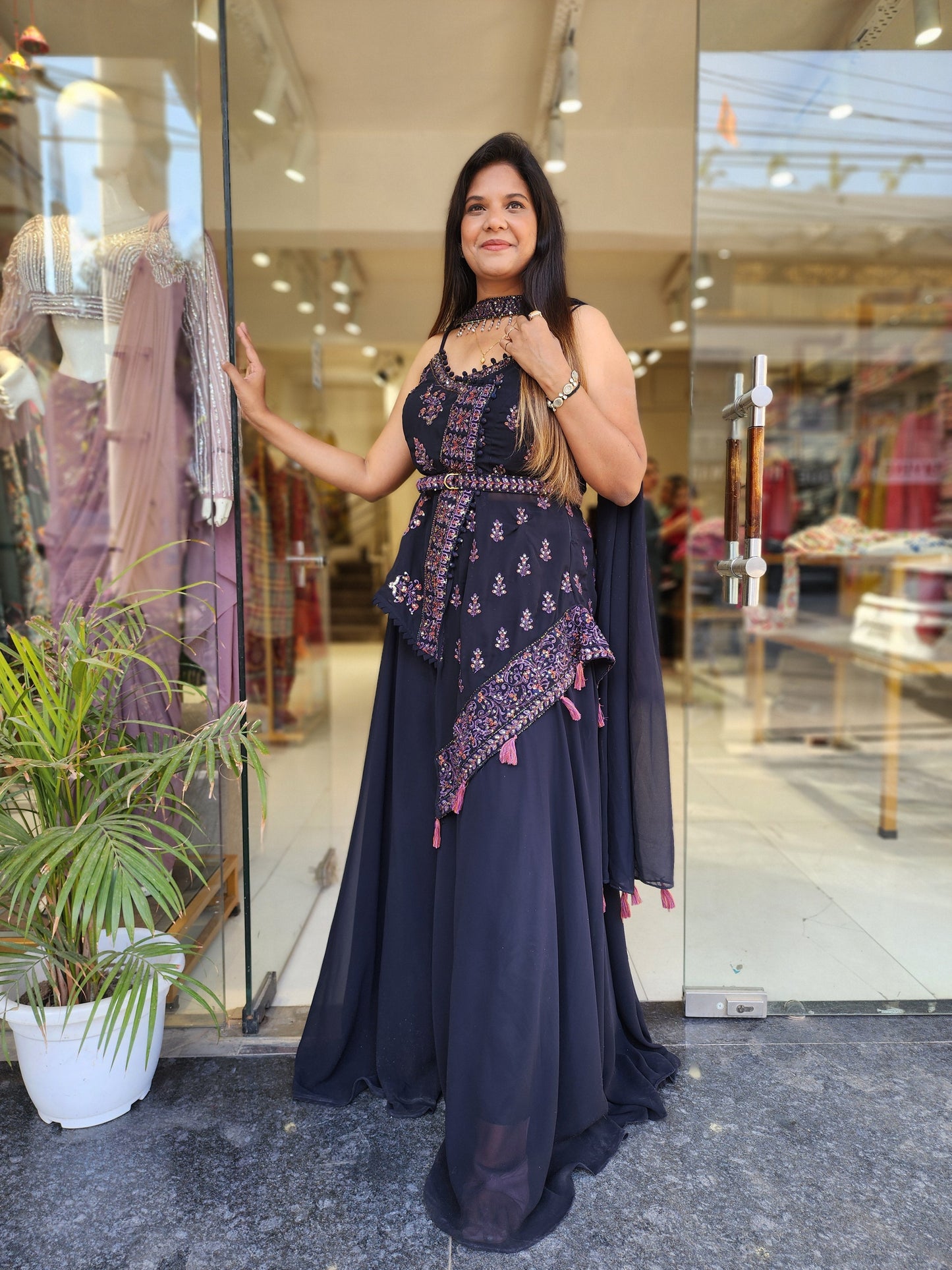 Indo-western pattern fuax georgette kurti with dupatta, belt and plazo