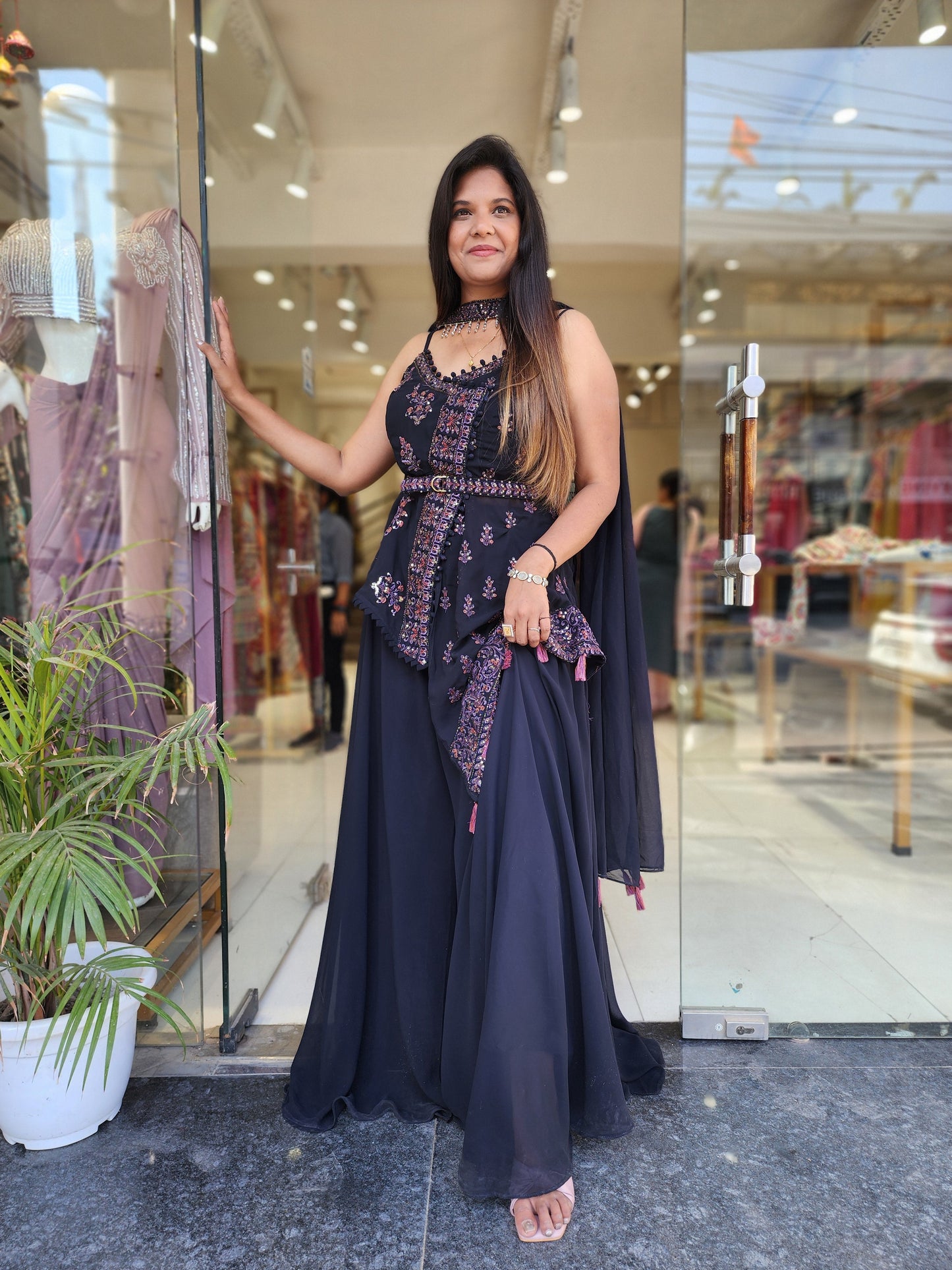 Indo-western pattern fuax georgette kurti with dupatta, belt and plazo