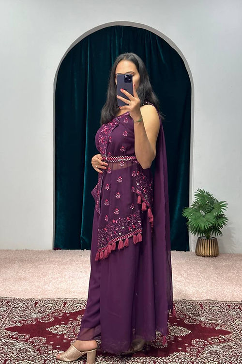 Indo-western pattern fuax georgette kurti with dupatta, belt and plazo