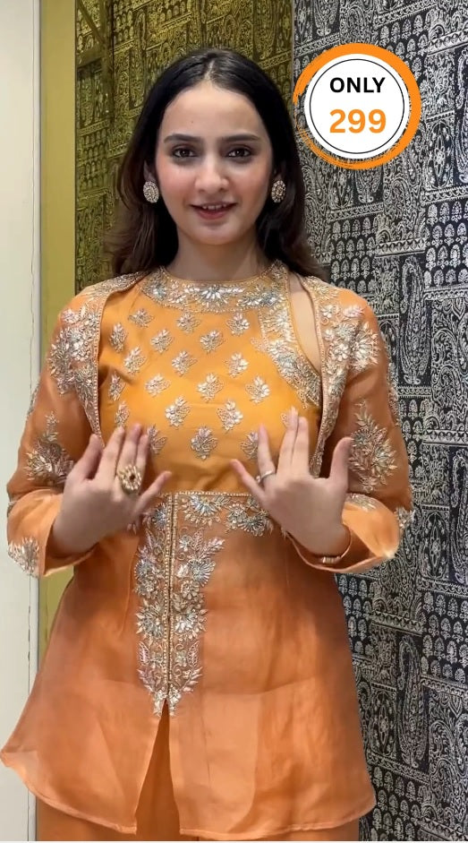 Crop top palazzo with organza jacket and zero gota embroidery