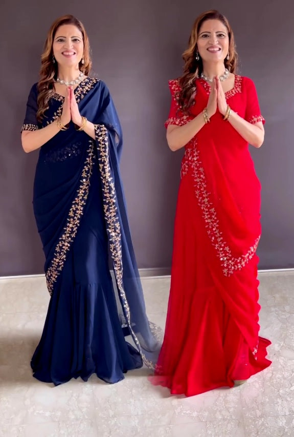 Faux georgette saree gown with heavy handwork