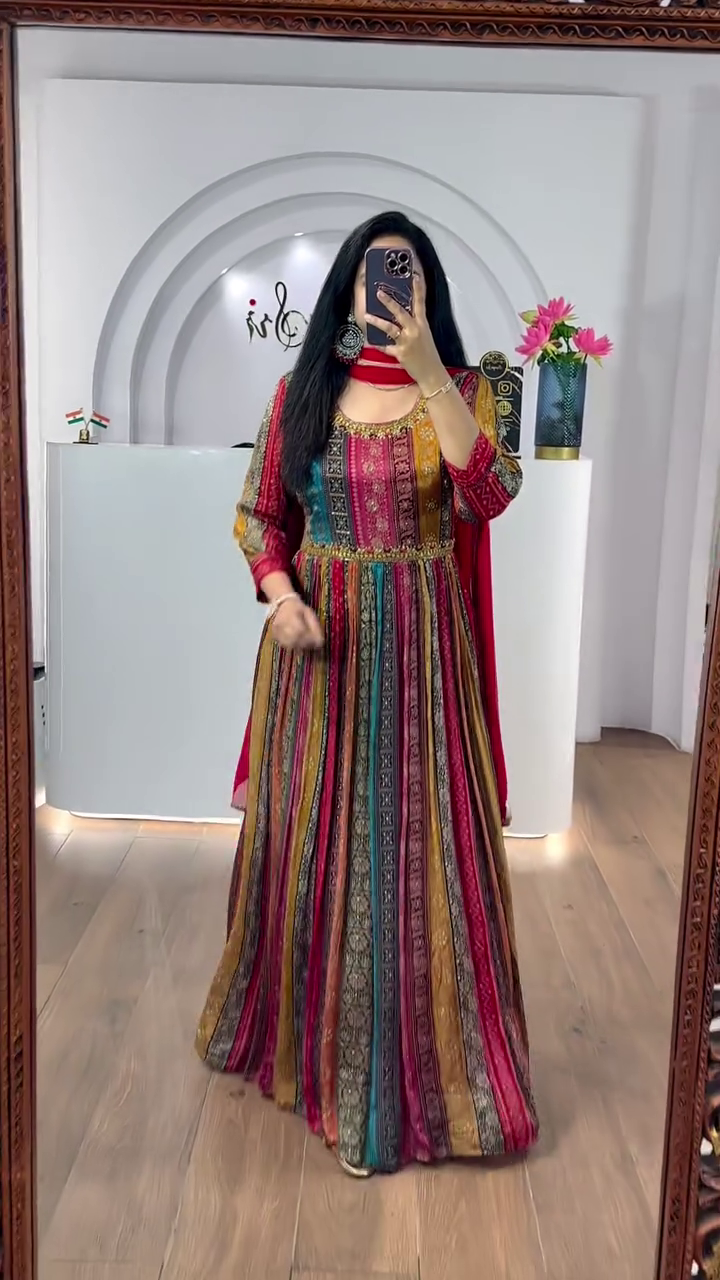 Women’s Digital Multi Color Stylish Floor Length Anarkali Thread Sequence Work Gown with Dupatta