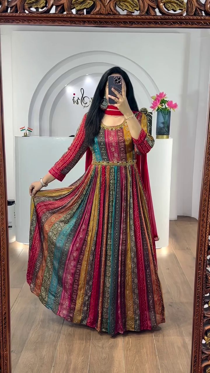 Women’s Digital Multi Color Stylish Floor Length Anarkali Thread Sequence Work Gown with Dupatta
