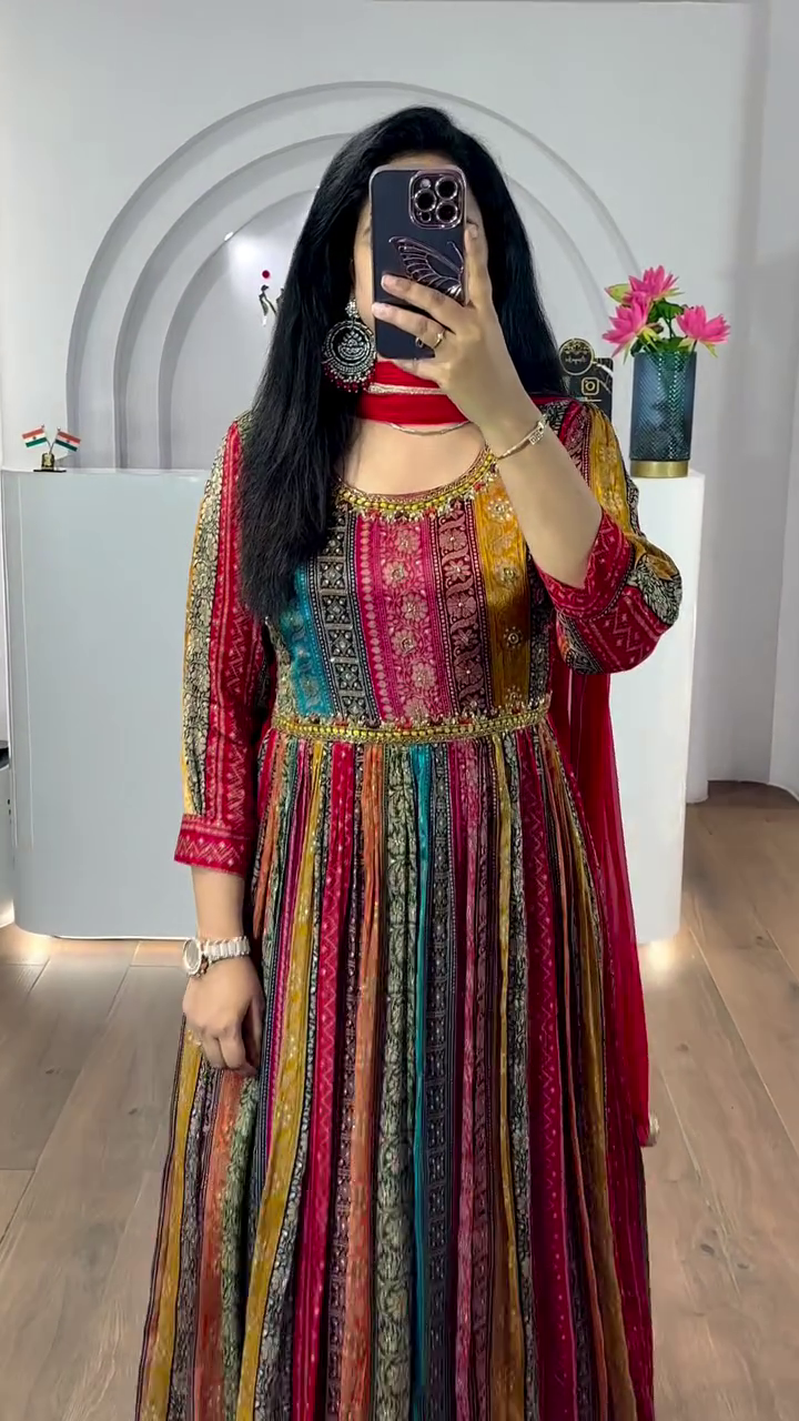 Women’s Digital Multi Color Stylish Floor Length Anarkali Thread Sequence Work Gown with Dupatta