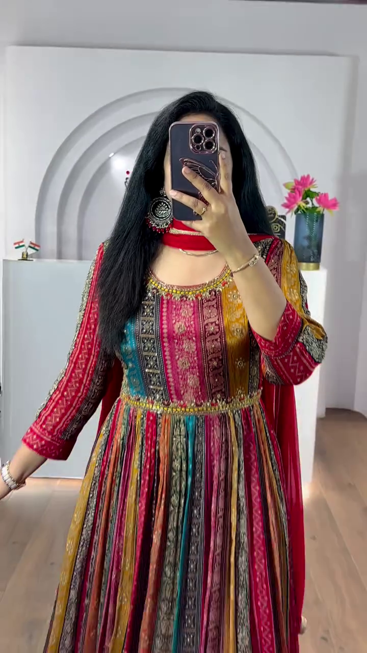 Women’s Digital Multi Color Stylish Floor Length Anarkali Thread Sequence Work Gown with Dupatta
