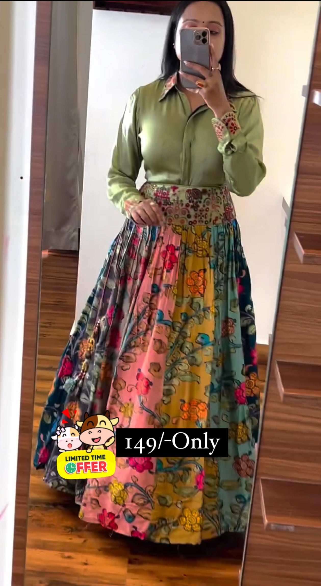 Bottal Green Raw Silk Top With Printed Lehenga