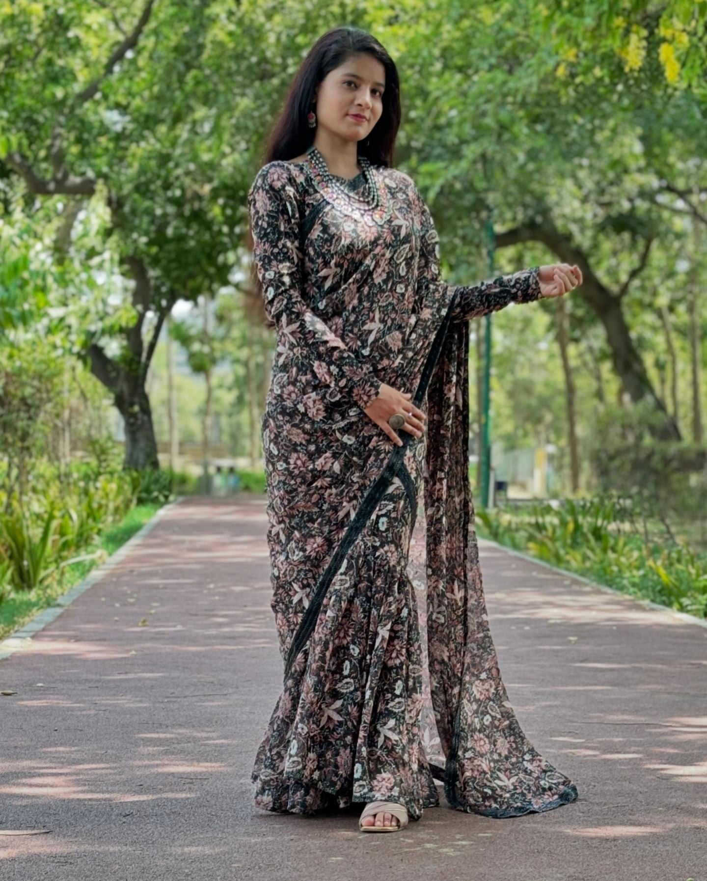 Faux georgette black colour floral saree gown for womens