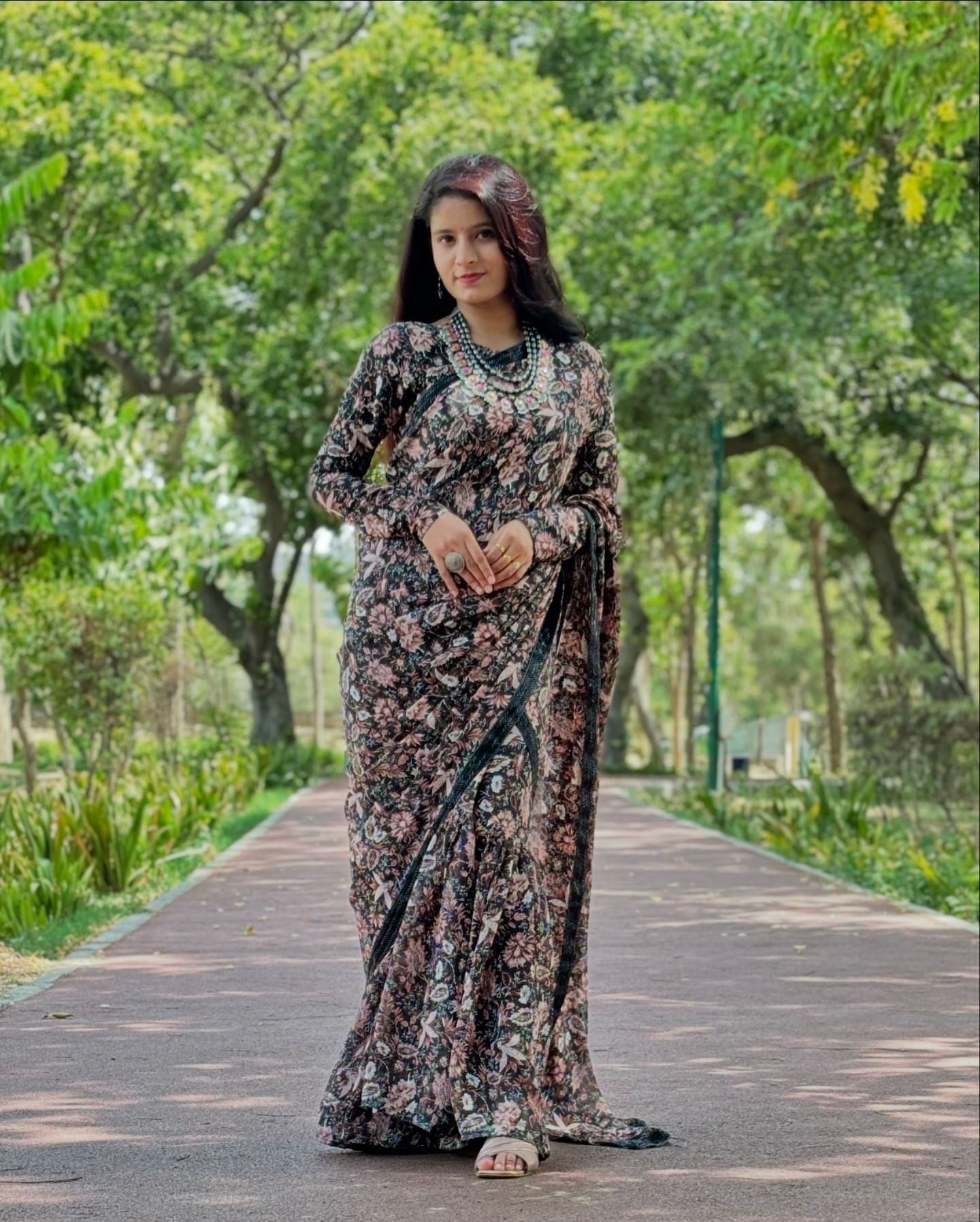 Faux georgette black colour floral saree gown for womens