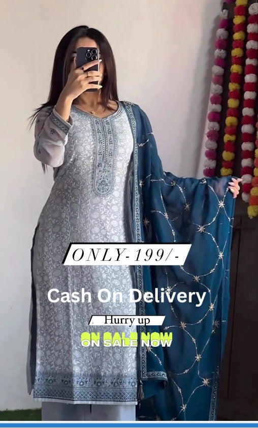 Women Georgette Kurta Pant Dupatta Set