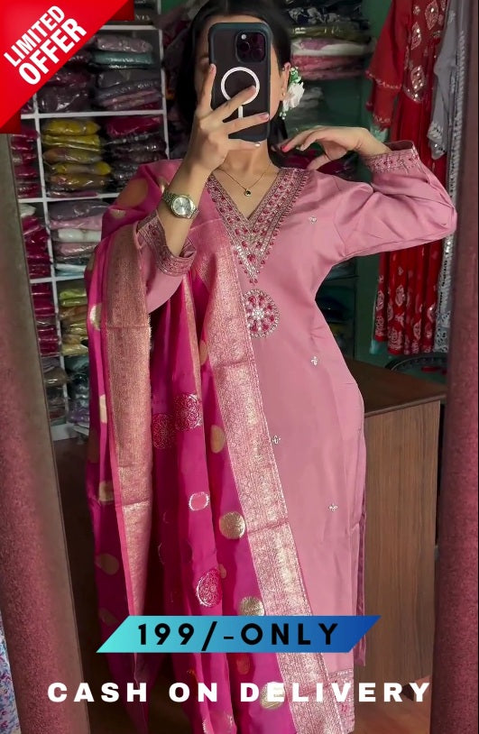 Women Silk Blend Pimk Colour Kurta Pant Dupatta Set