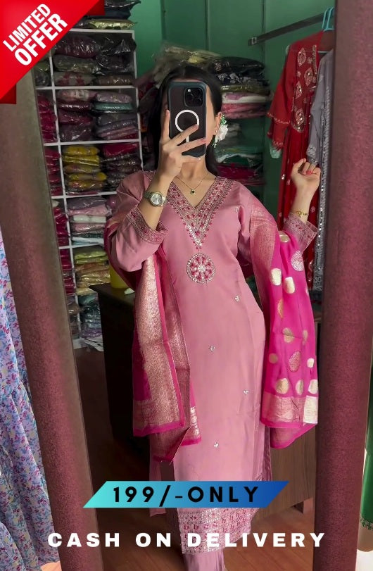 Women Silk Blend Pimk Colour Kurta Pant Dupatta Set