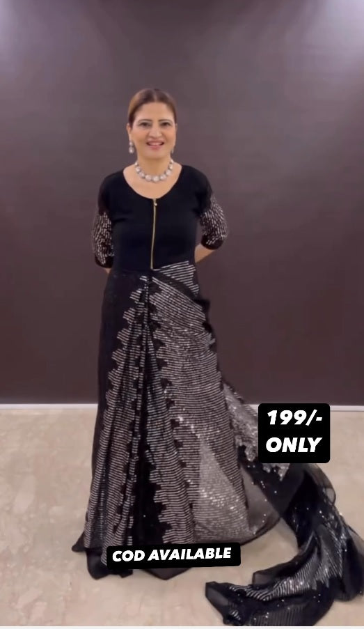 Faux georgette sequin saree gown with heavy handwork