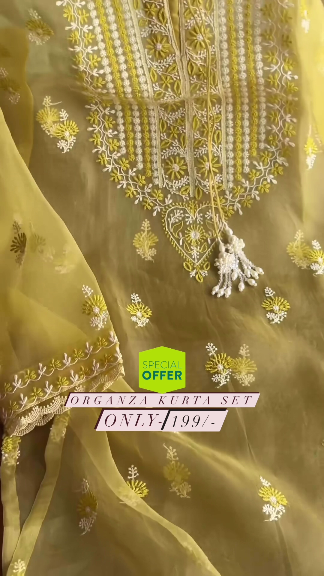 ORGANZA APPLIQUE TOP & DUP & PENT SET PRUSSIAN YELLOW COLOUR