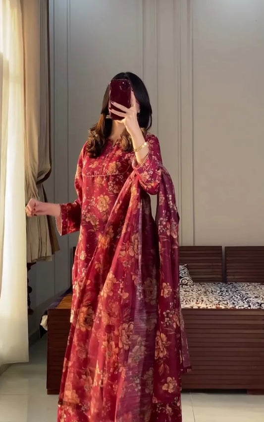 Women Cotton Rayon Kurta Palazzo Dupatta Set