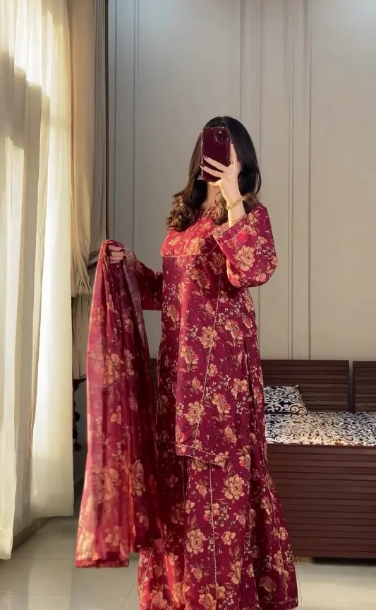 Women Cotton Rayon Kurta Palazzo Dupatta Set